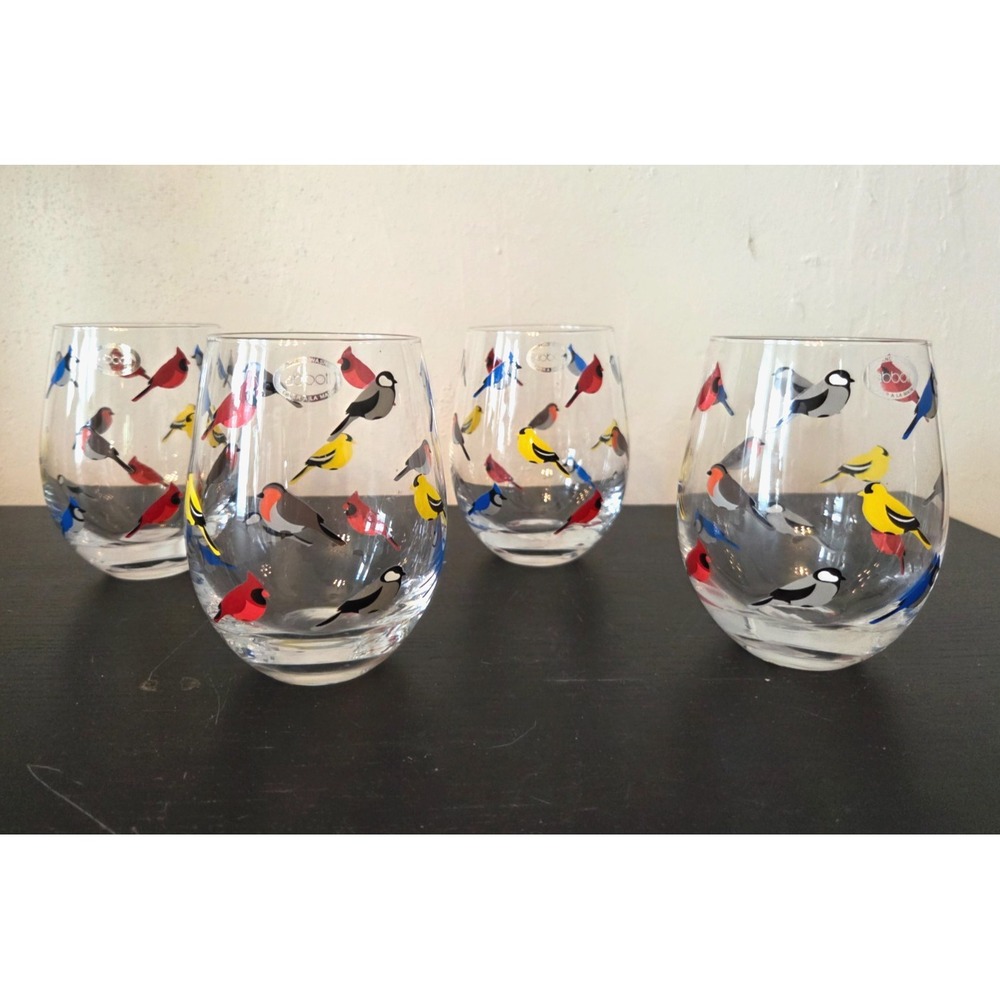 Set 4 Abbott Collection Multi Bird Stemless Wine Glass Goblet Cardinal Robin Jay